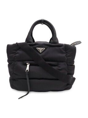 Prada Bomber Triangle Logo Tote 2-Way Shoulder Bag Nylon Leather Nero Black